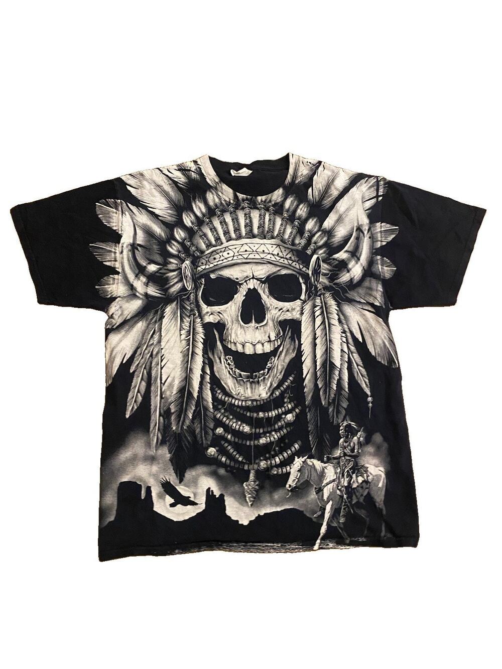 Native American Skull Indian Chief y2k Print T Shirt Black Men's Size Large